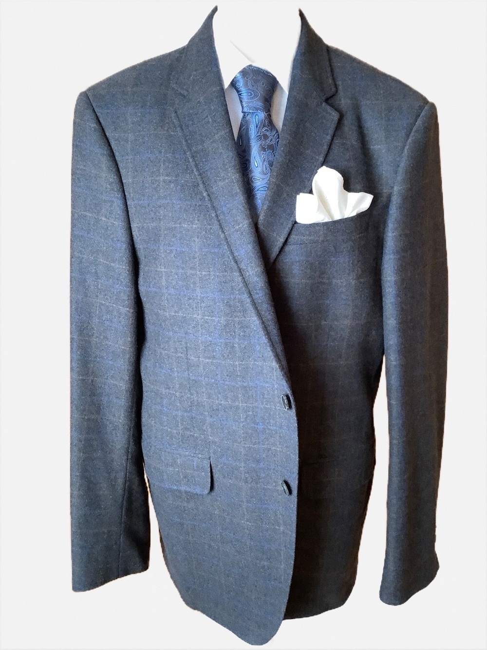 VINTAGE COPPLEY Plaid Wool Blazer 44T 44L Tall Sport Coat Grey Blue